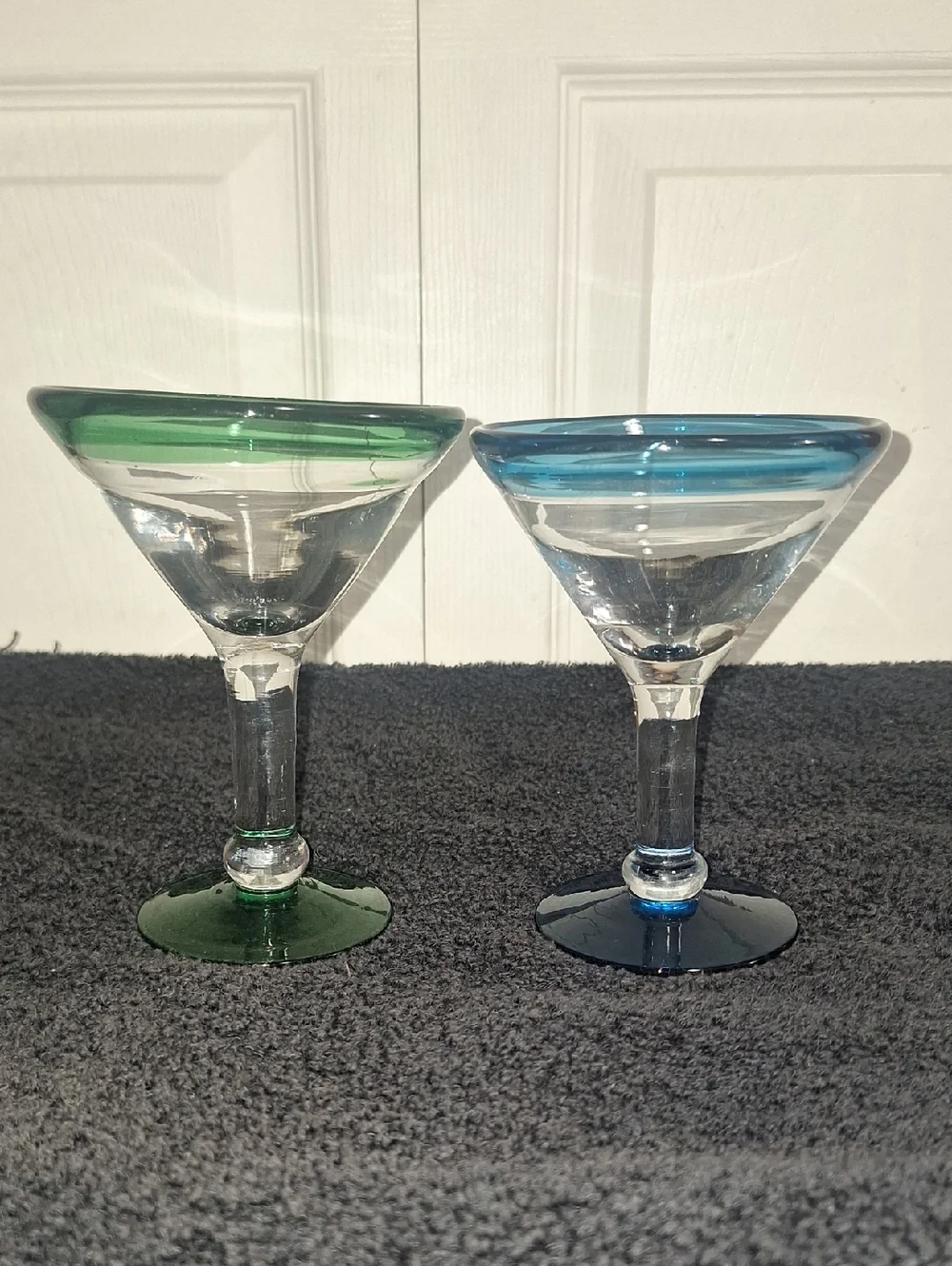 Pair of Colored-Rim Martini Margerita Glasses - Green  Blue